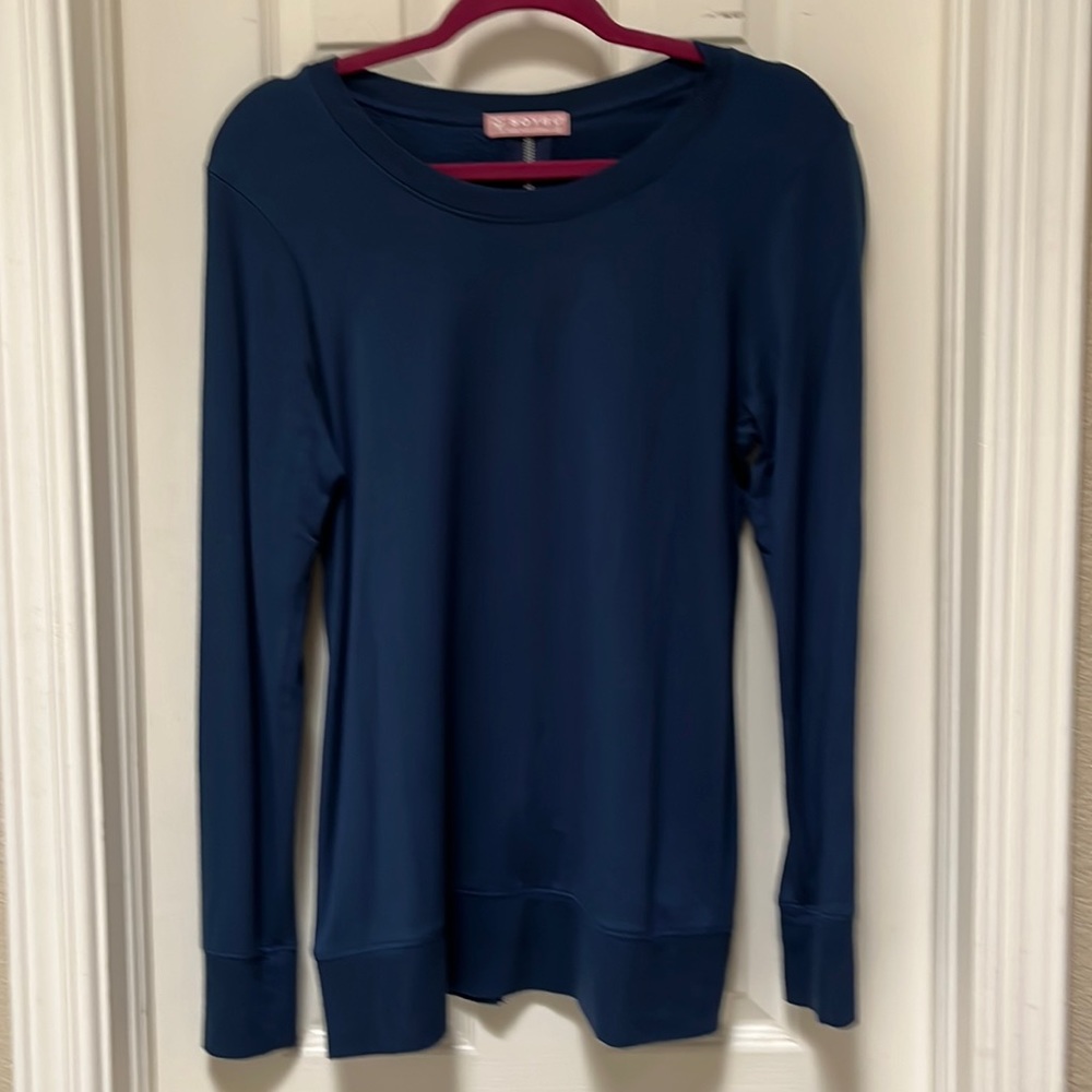 Beautiful navy blue soft fleece sweater by Soybu. Size S